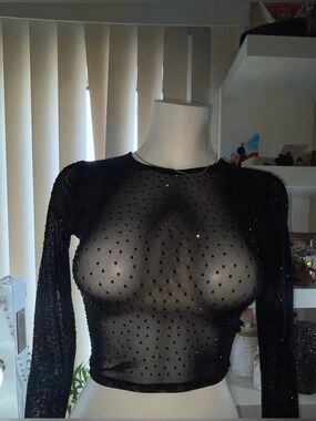 Windsor Black Sheer Polka Dot Long-Sleeve Crop Top
